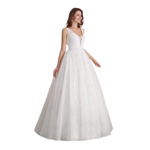 Wedding Dress Bride Lace Applique Evening Dress V Neck Straps Ball Gown Ivory - Picture 1 of 8